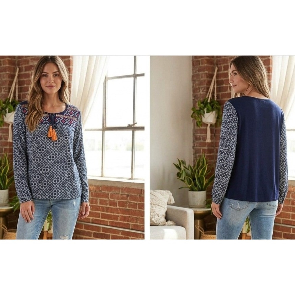 THML Embroidered Tassel Blouse Women Small Navy Medallion Boho Long Sleeve